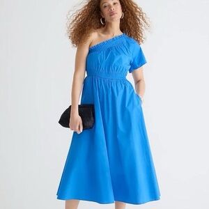 J.Crew Cotton Poplin Blue One-Shoulder Dress Small